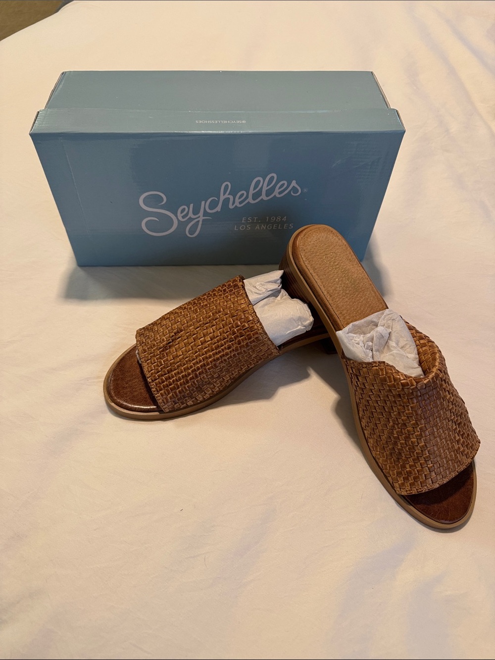 Seychelles Woven Slide Sandals in Cognac Brown